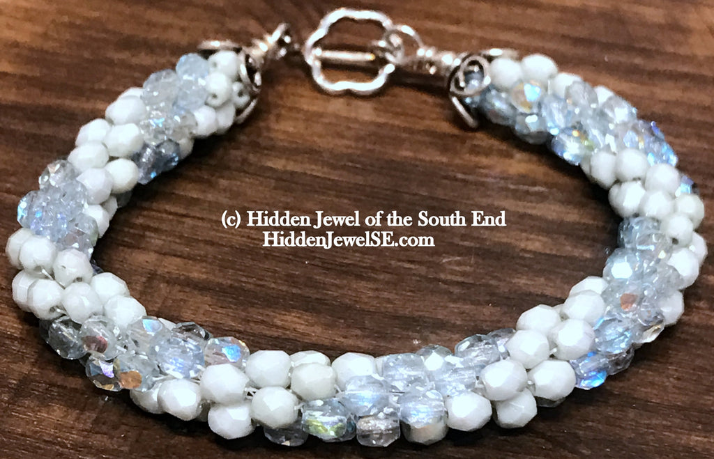 Light Blue Czech crystal crocheted bracelet, jewelry