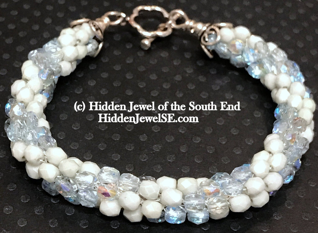 Light Blue Czech crystal crocheted bracelet, jewelry