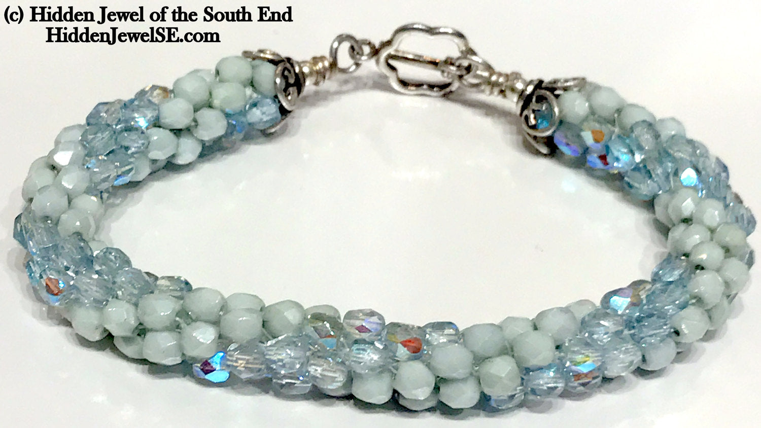 Light Blue Czech crystal crocheted bracelet, jewelry