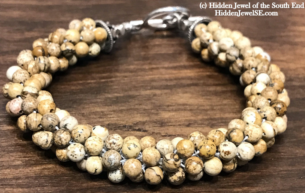 Picture Jasper Crocheted Bracelet Brown bangle,  tan bracelet with Sterling silver clasp