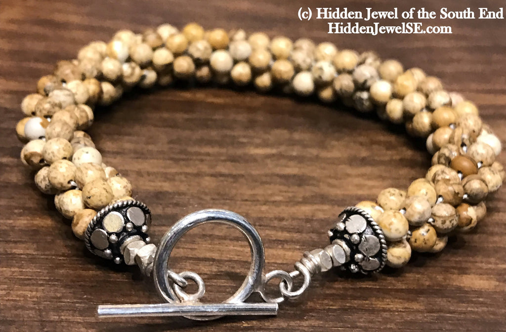 Picture Jasper Crocheted Bracelet Brown bangle,  tan bracelet with Sterling silver clasp