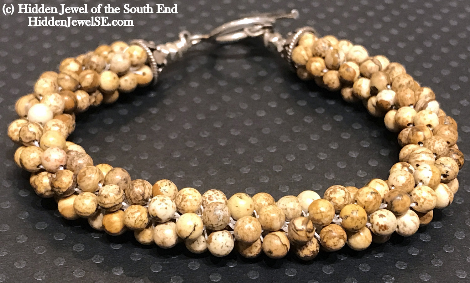 Picture Jasper Crocheted Bracelet Brown bangle,  tan bracelet with Sterling silver clasp