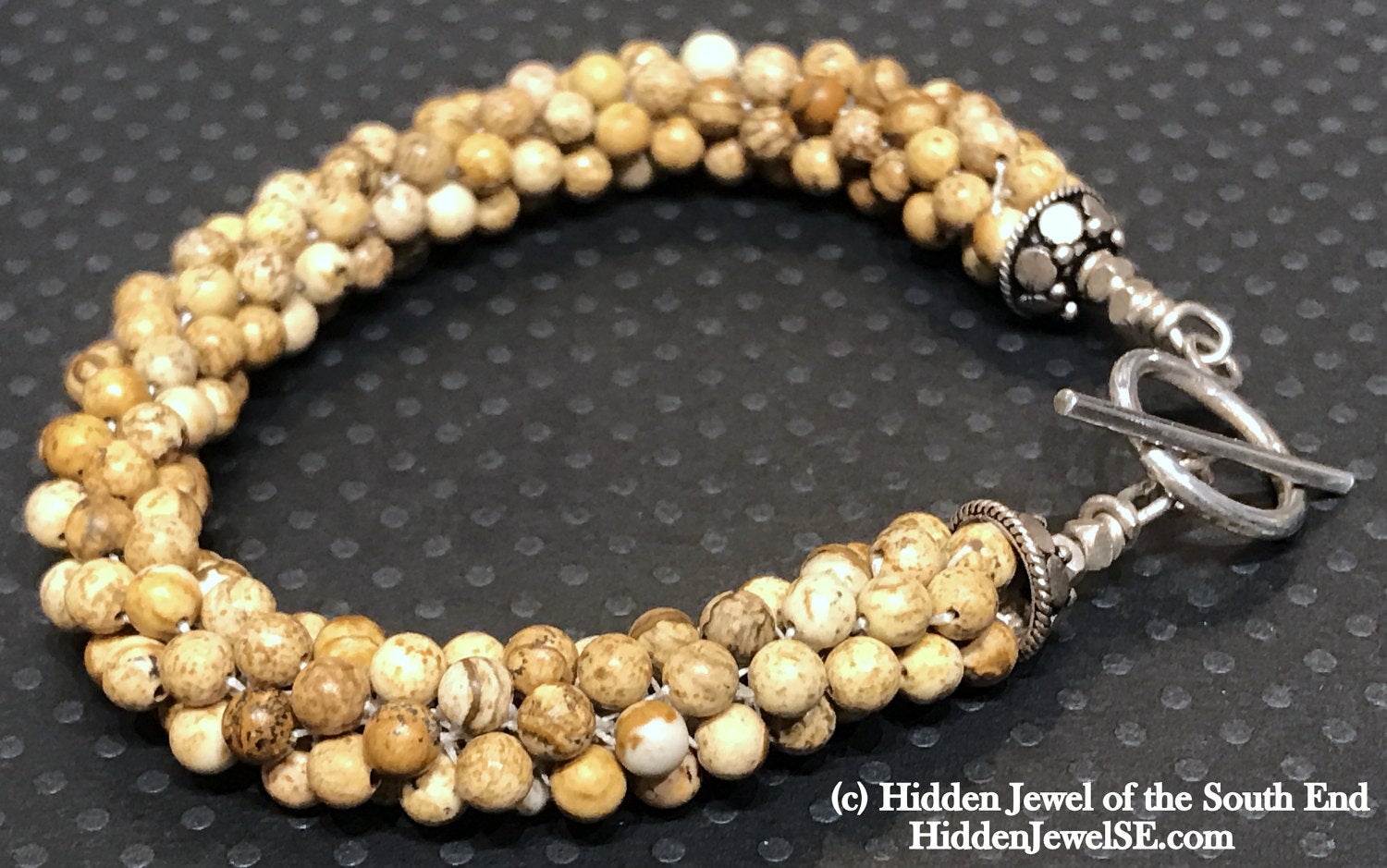 Picture Jasper Crocheted Bracelet Brown bangle,  tan bracelet with Sterling silver clasp