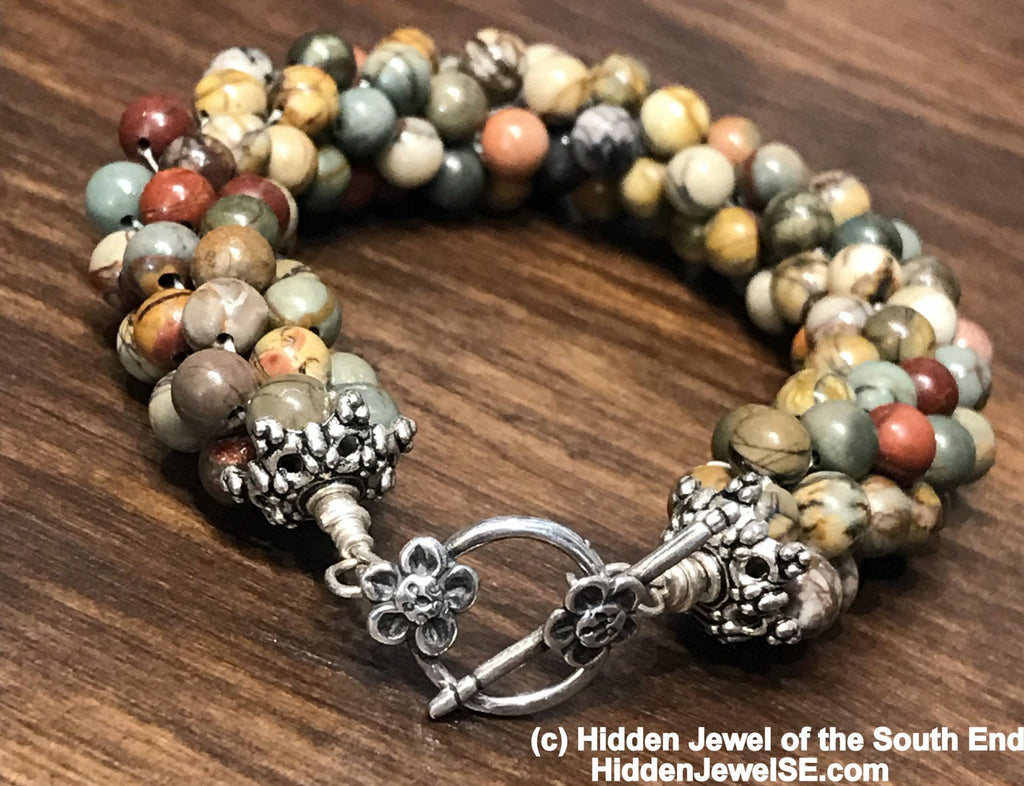Picasso Jasper crocheted bracelet shows Brown, Red, and Green colors