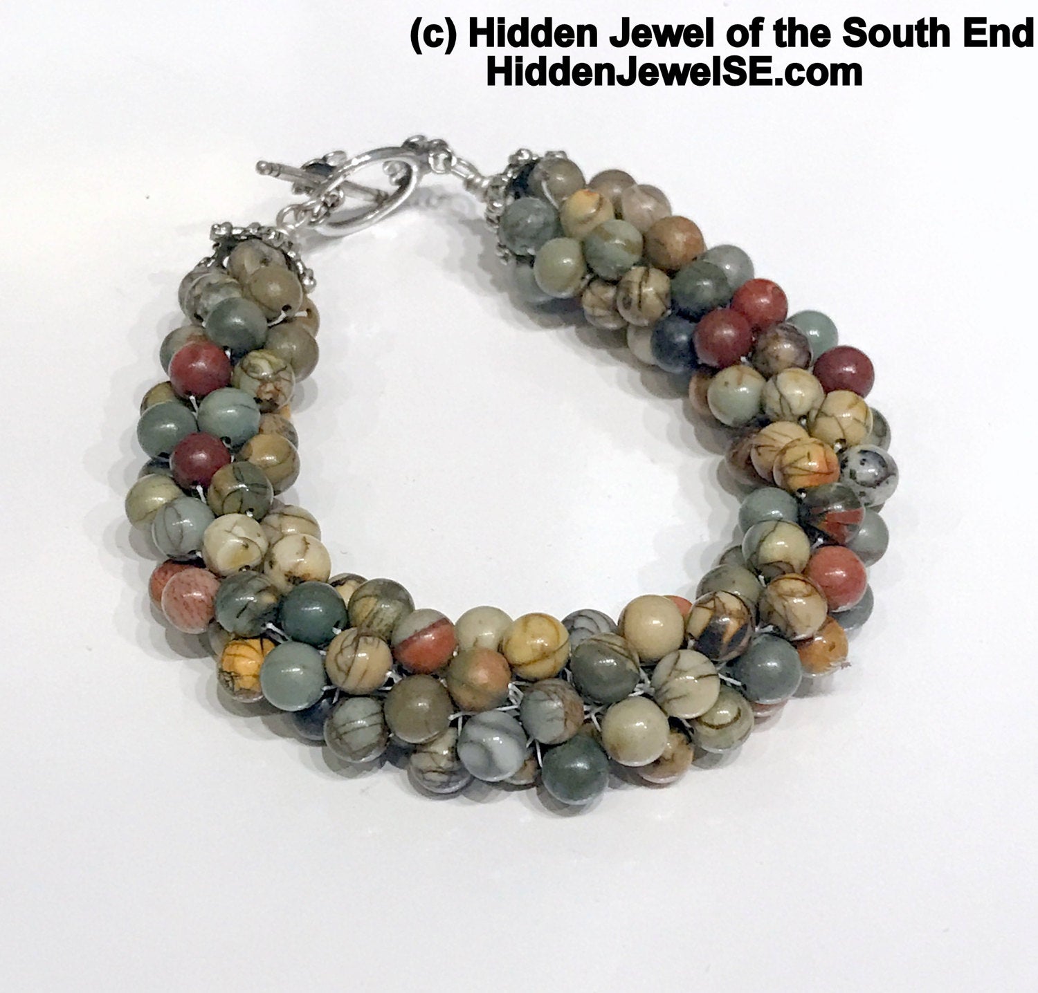 Picasso Jasper crocheted bracelet shows Brown, Red, and Green colors
