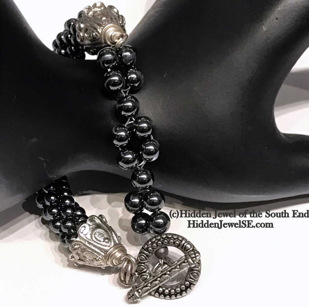 Hematite Crocheted Black Bracelet, with silver toggle