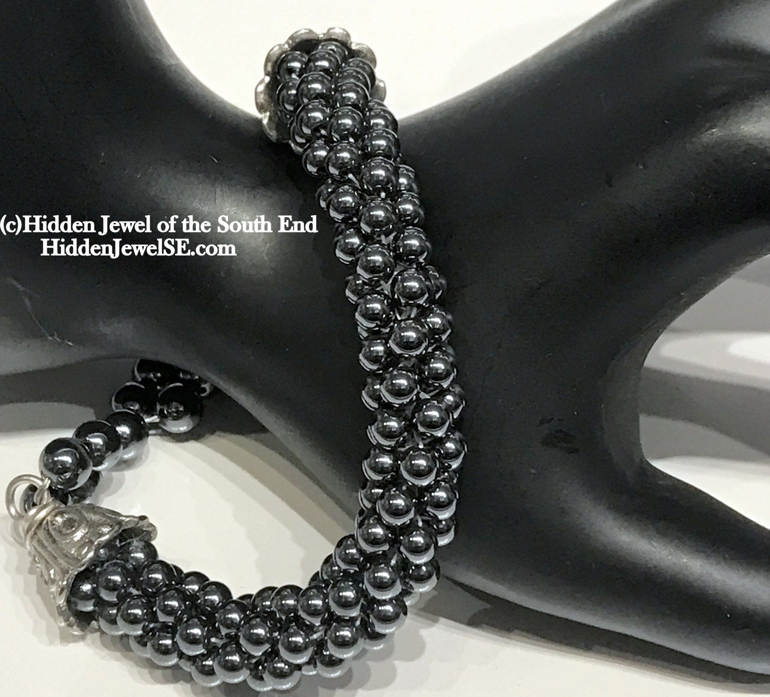 Hematite Crocheted Black Bracelet, with silver toggle