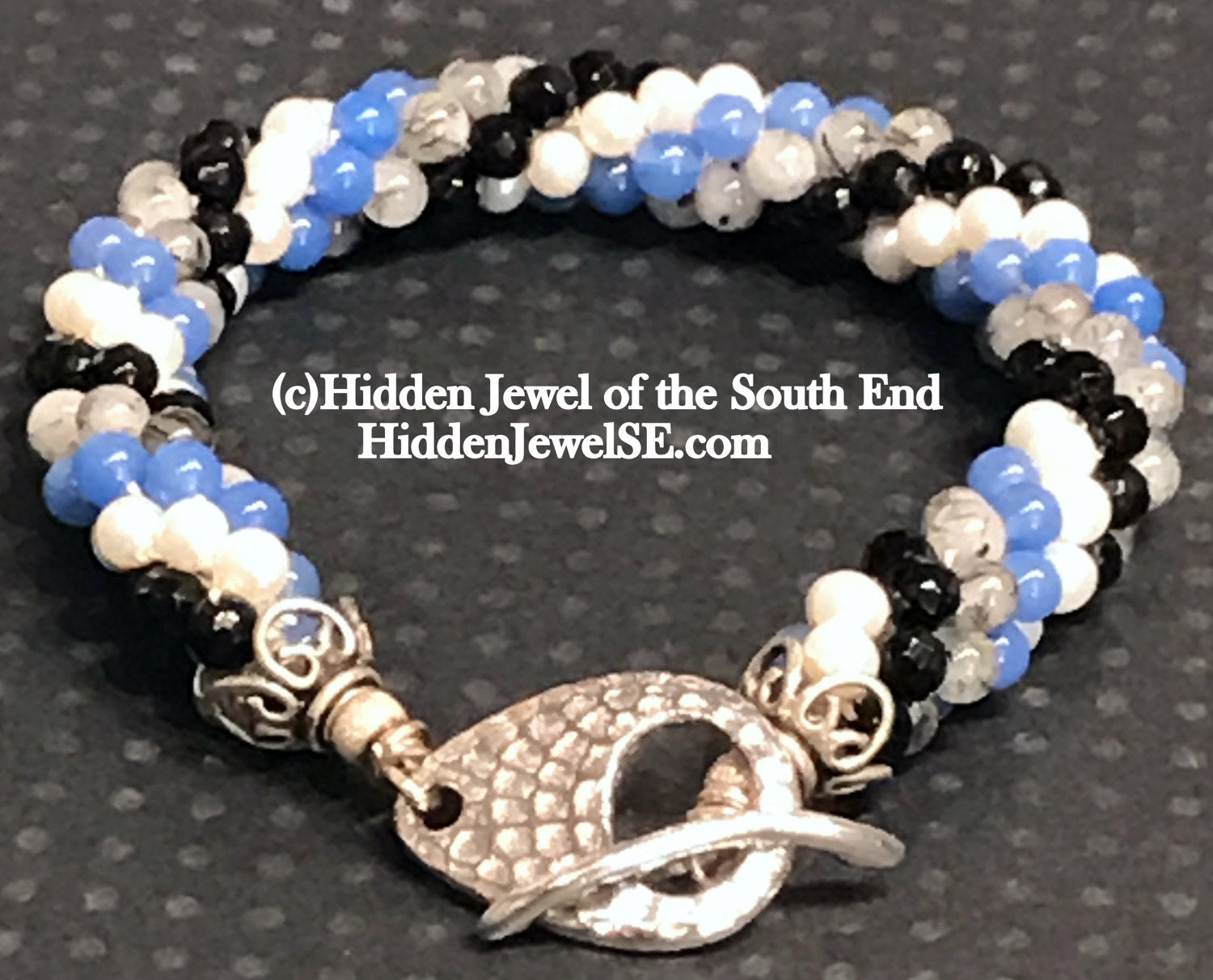 Spiraled Gemstone bracelet - Blue Glass, Faceted Onyx,  Rutilated Quartz and Fresh Water Pearl