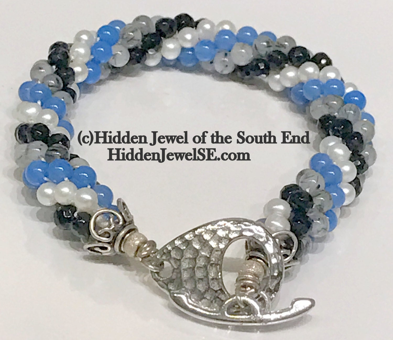 Spiraled Gemstone bracelet - Blue Glass, Faceted Onyx,  Rutilated Quartz and Fresh Water Pearl