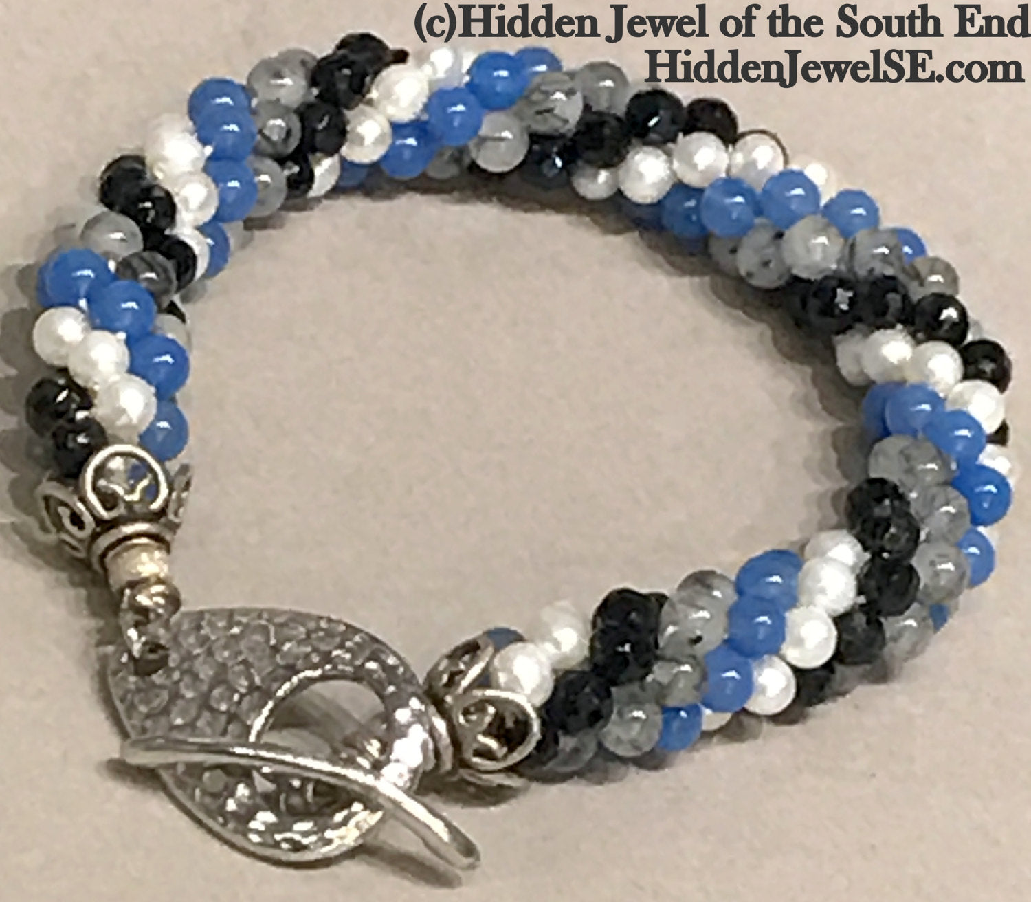 Spiraled Gemstone bracelet - Blue Glass, Faceted Onyx,  Rutilated Quartz and Fresh Water Pearl