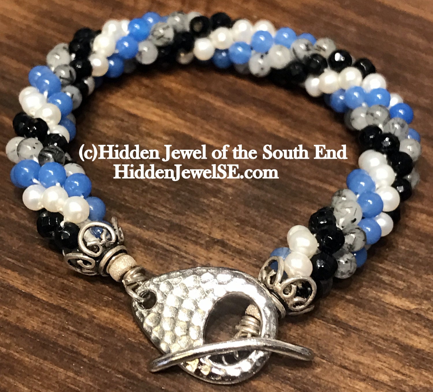 Spiraled Gemstone bracelet - Blue Glass, Faceted Onyx,  Rutilated Quartz and Fresh Water Pearl