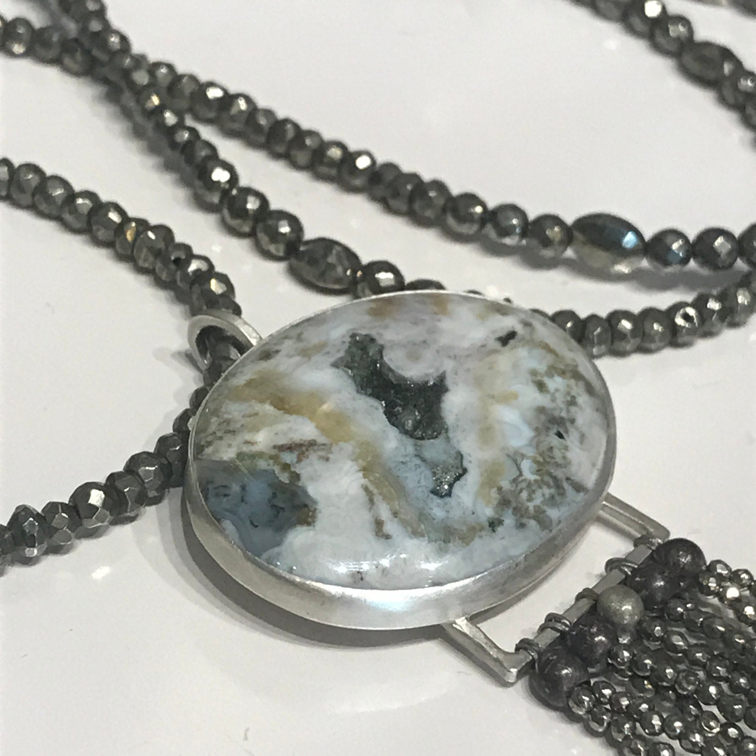 Pyrite & Sterling Silver Gemstone Necklace with Ocean Jasper pendant, jewelry