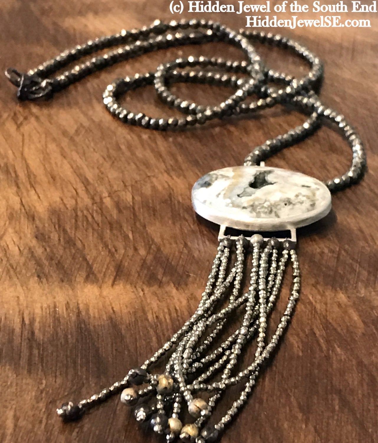 Pyrite & Sterling Silver Gemstone Necklace with Ocean Jasper pendant, jewelry