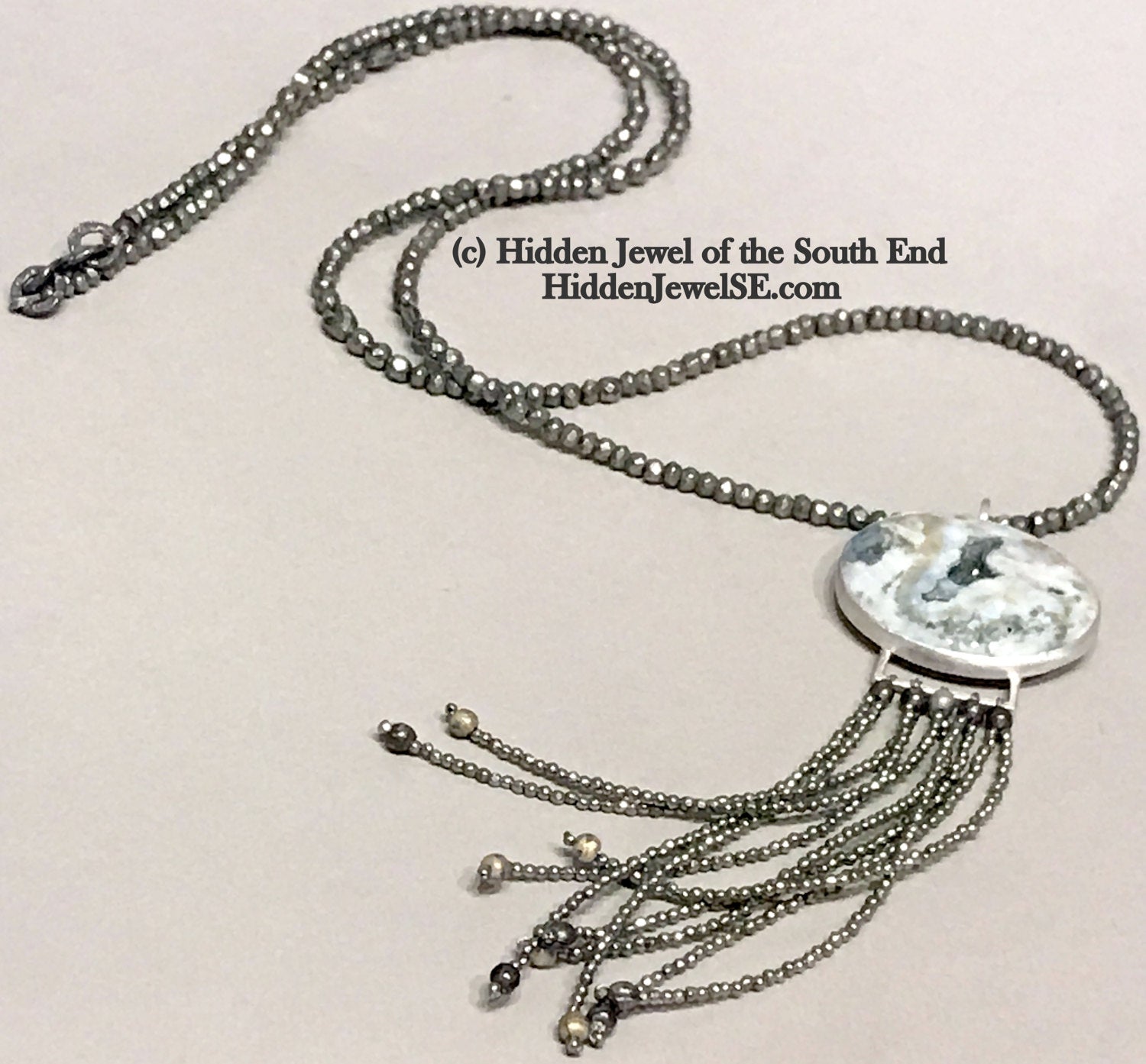 Pyrite & Sterling Silver Gemstone Necklace with Ocean Jasper pendant, jewelry