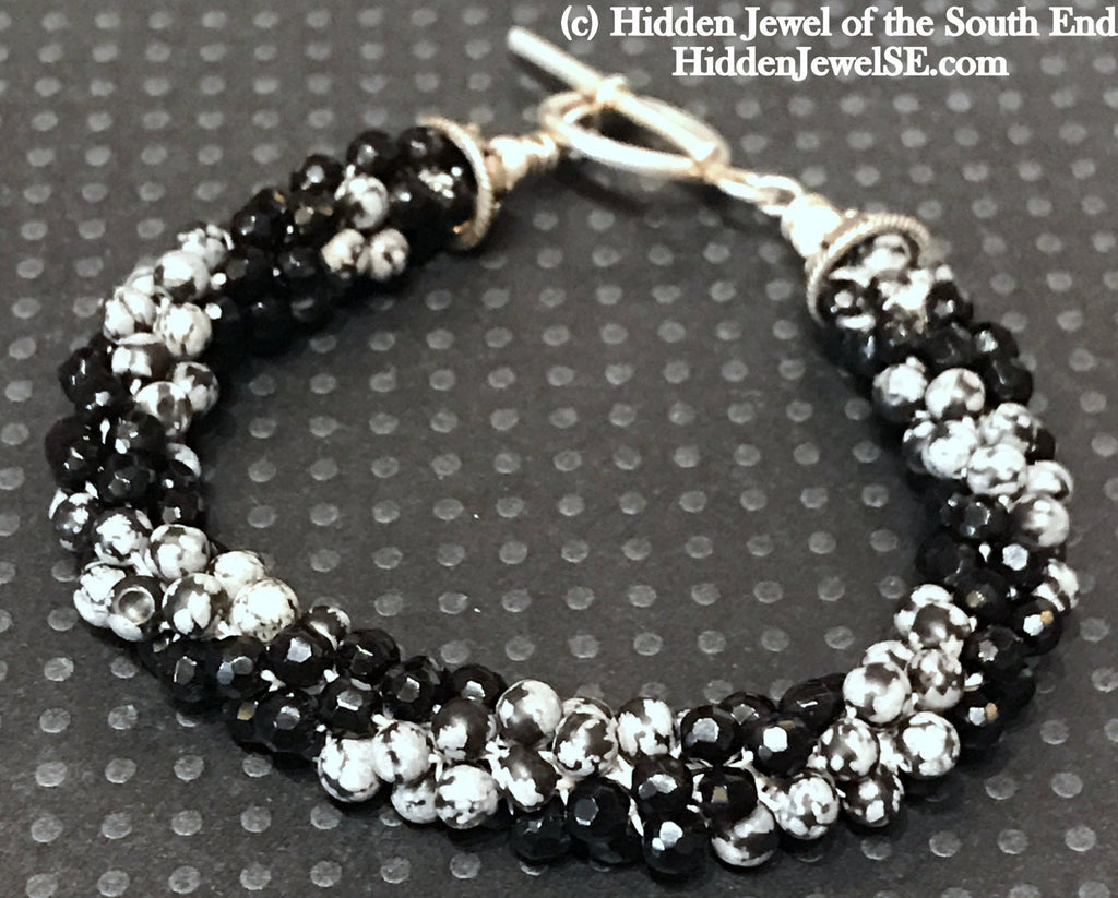 Snowflake Jasper & Faceted Onyx  Crocheted Bracelet with sterling silver clasp