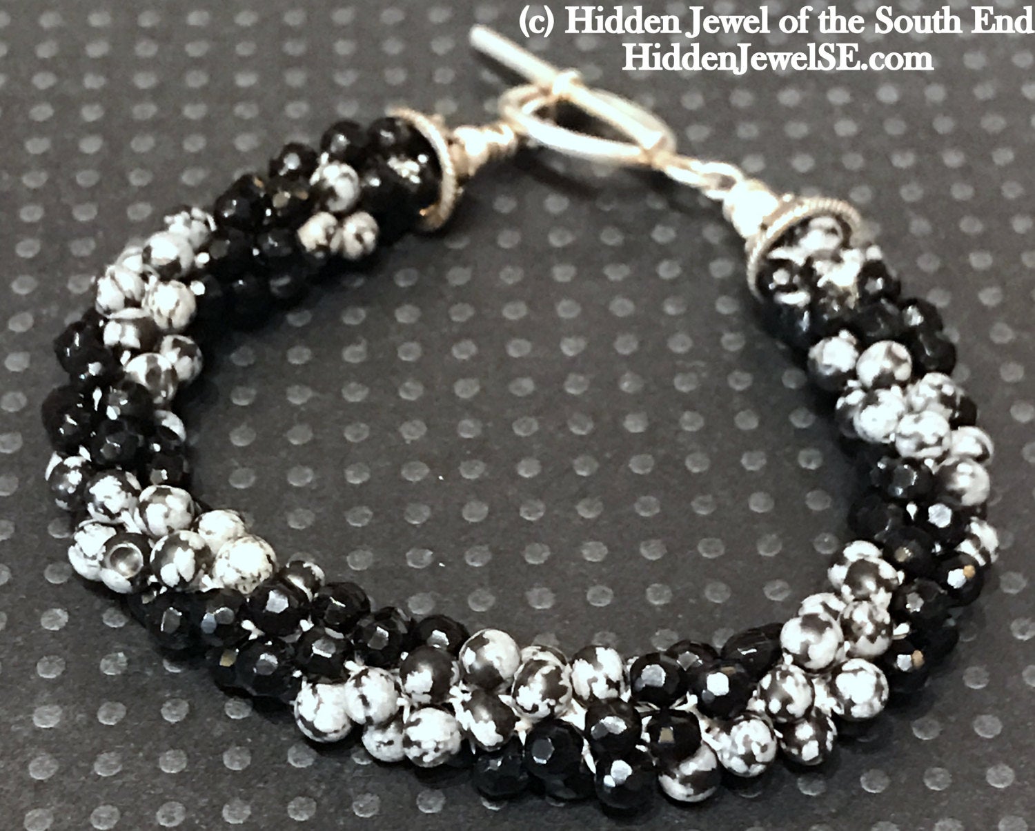 Snowflake Jasper & Faceted Onyx  Crocheted Bracelet with sterling silver clasp