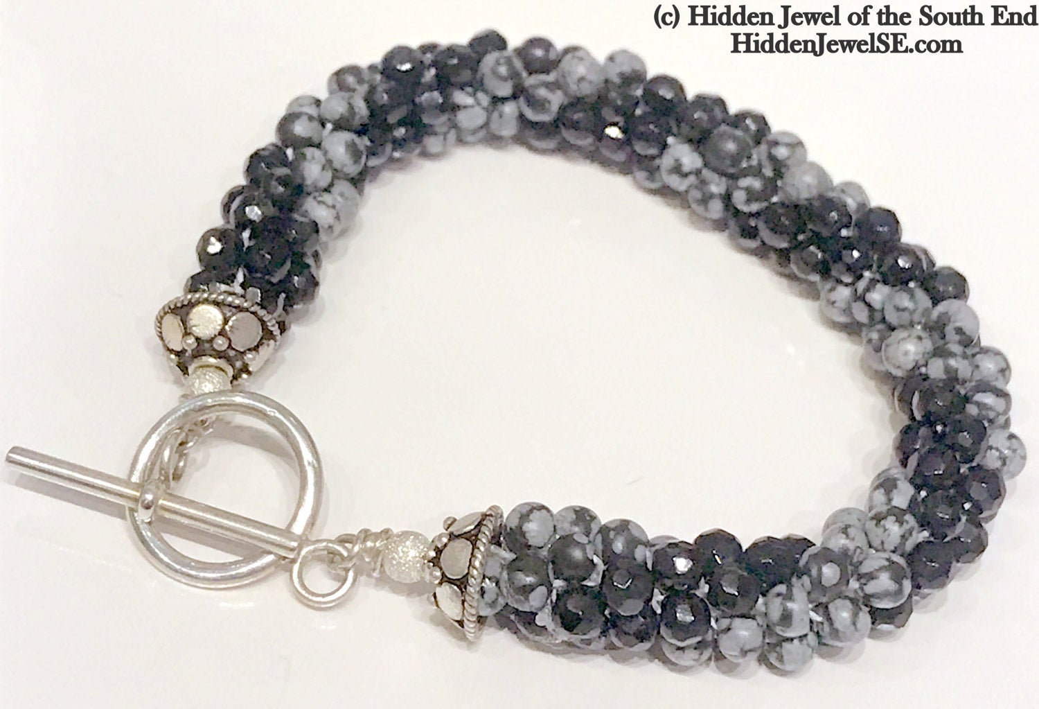 Snowflake Jasper & Faceted Onyx  Crocheted Bracelet with sterling silver clasp