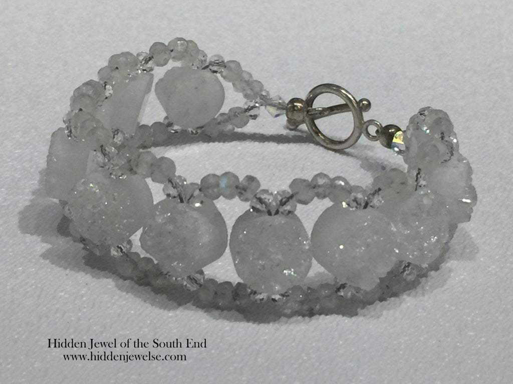White Druzy & Moonstone Beaded Bracelet: Sterling Silver Clasp, Size 7