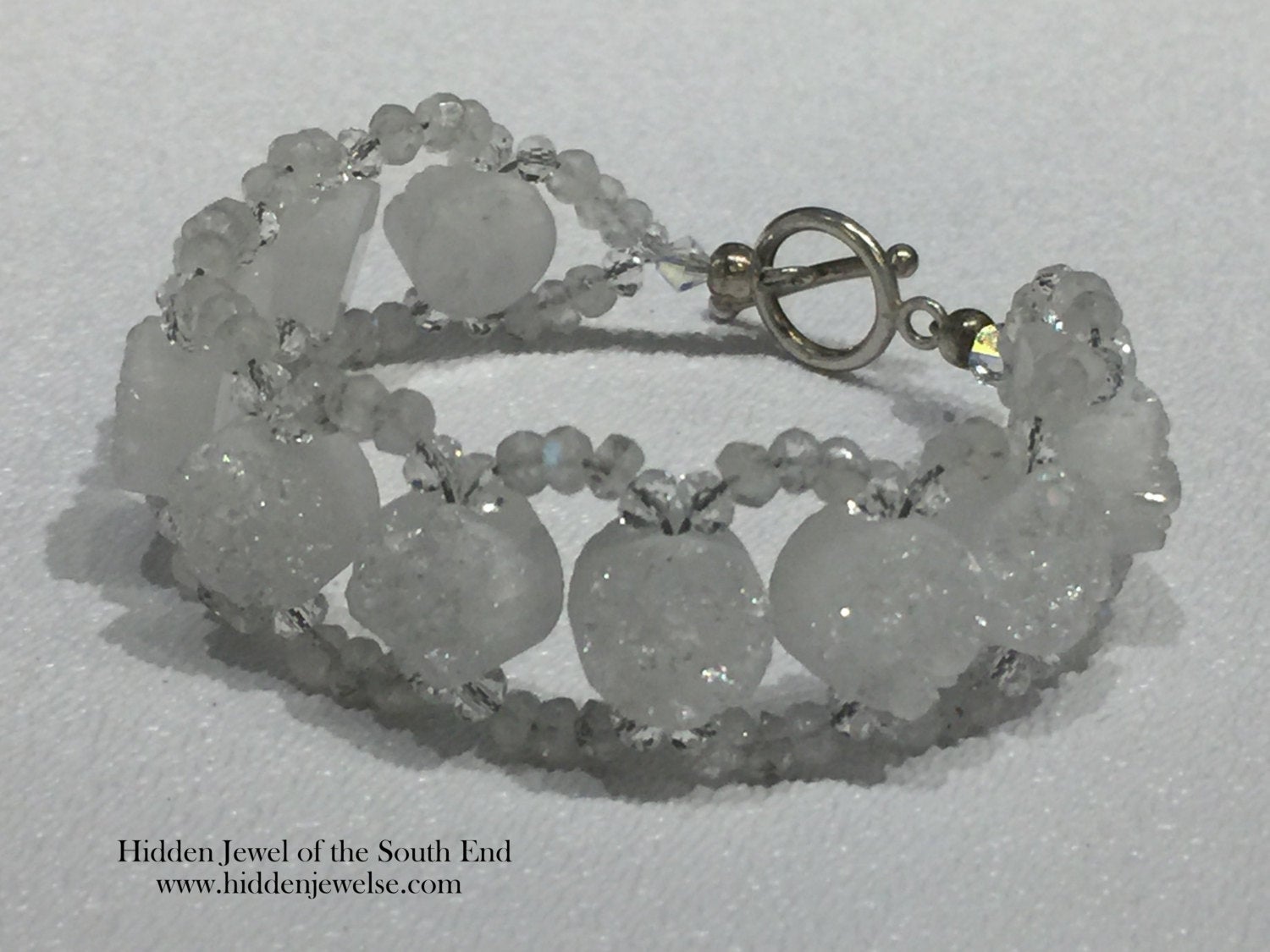 White Druzy & Moonstone Beaded Bracelet: Sterling Silver Clasp, Size 7