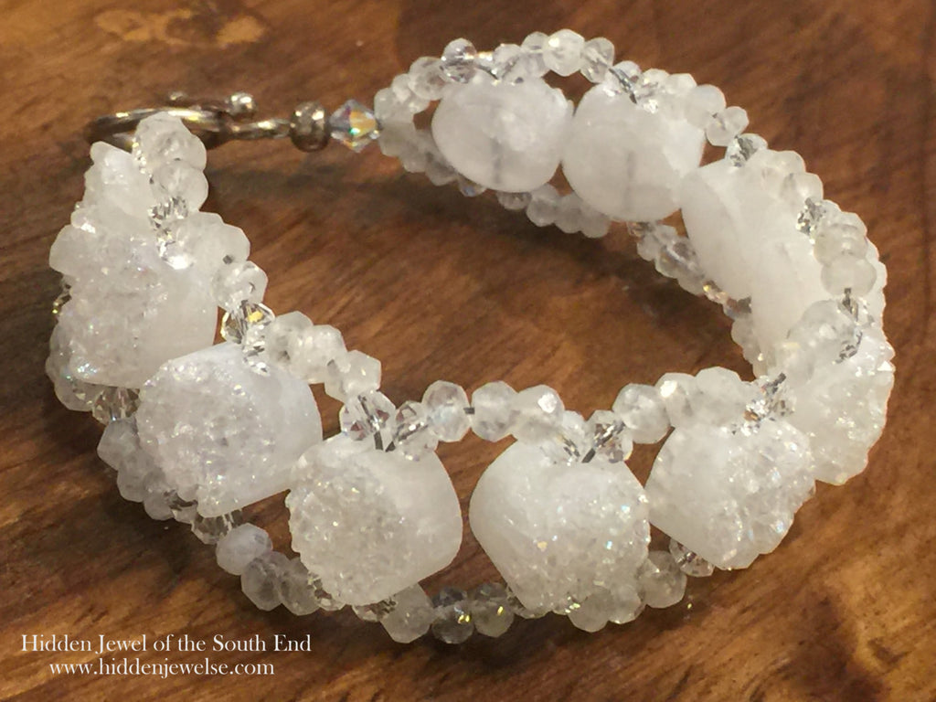 White Druzy & Moonstone Beaded Bracelet: Sterling Silver Clasp, Size 7