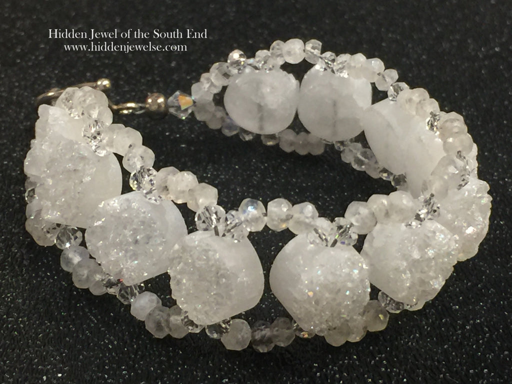 White Druzy & Moonstone Beaded Bracelet: Sterling Silver Clasp, Size 7