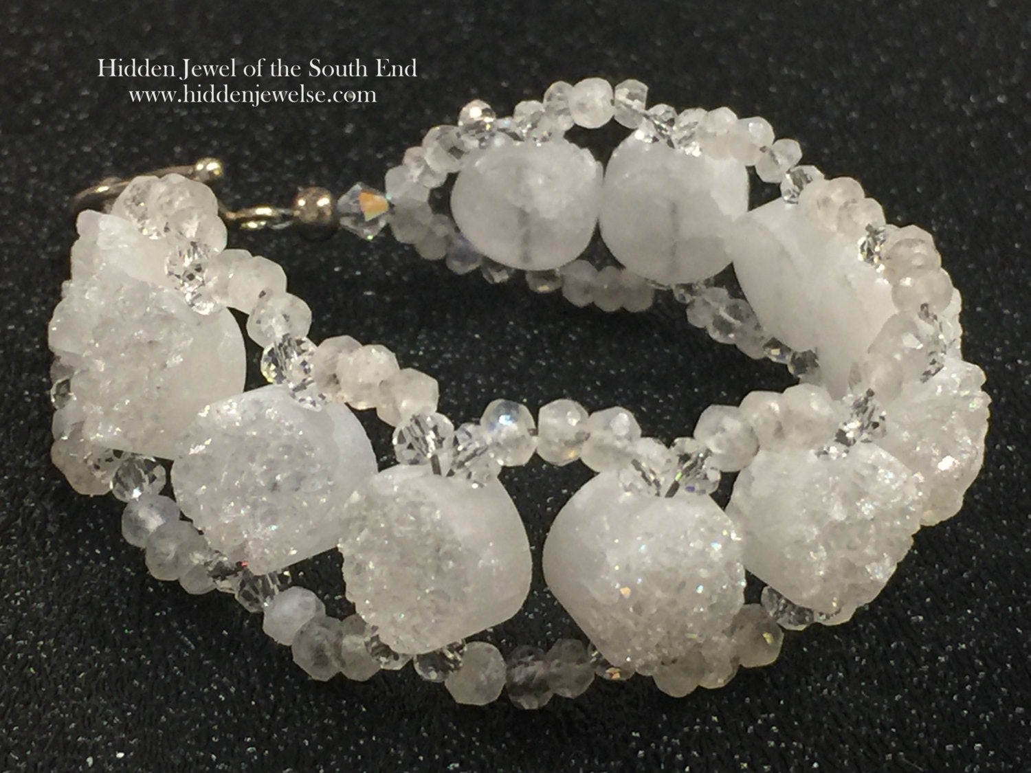 White Druzy & Moonstone Beaded Bracelet: Sterling Silver Clasp, Size 7
