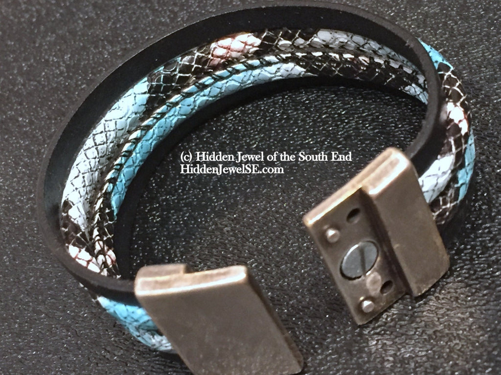 Blue and Black Bangle with Snake patterned Bracelet, leather bangle