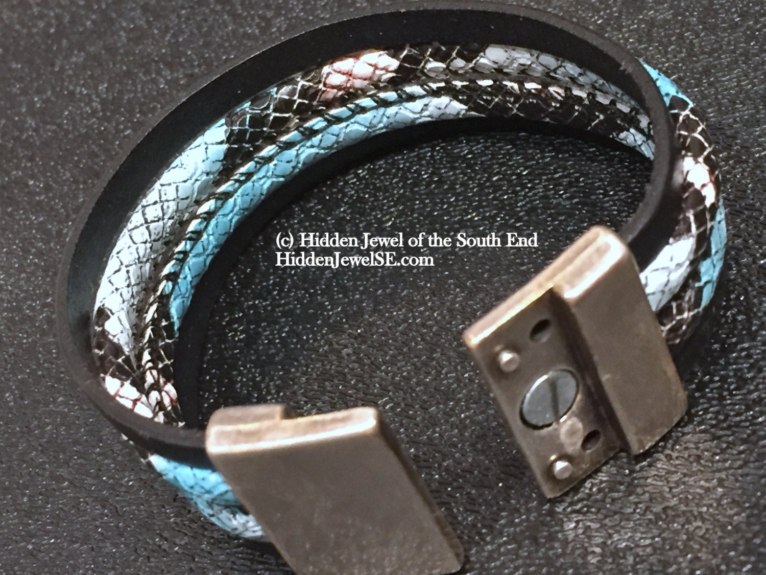 Blue and Black Bangle with Snake patterned Bracelet, leather bangle