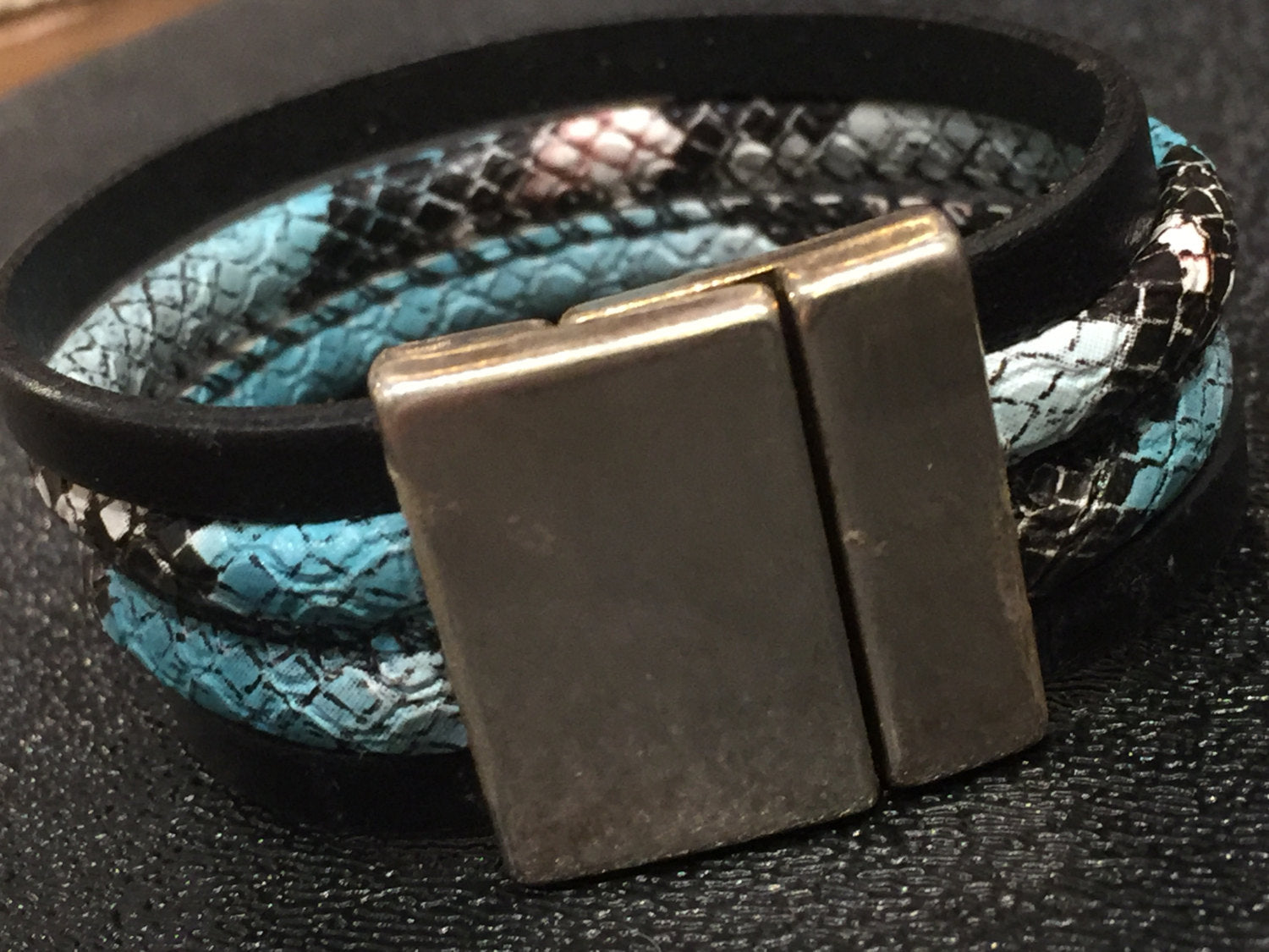 Blue and Black Bangle with Snake patterned Bracelet, leather bangle