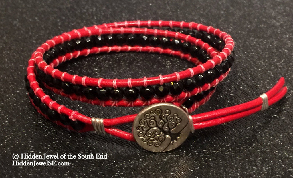 Red and Black Faceted Onyx Leather Wrap Bracelet, Similar to ChanLuu