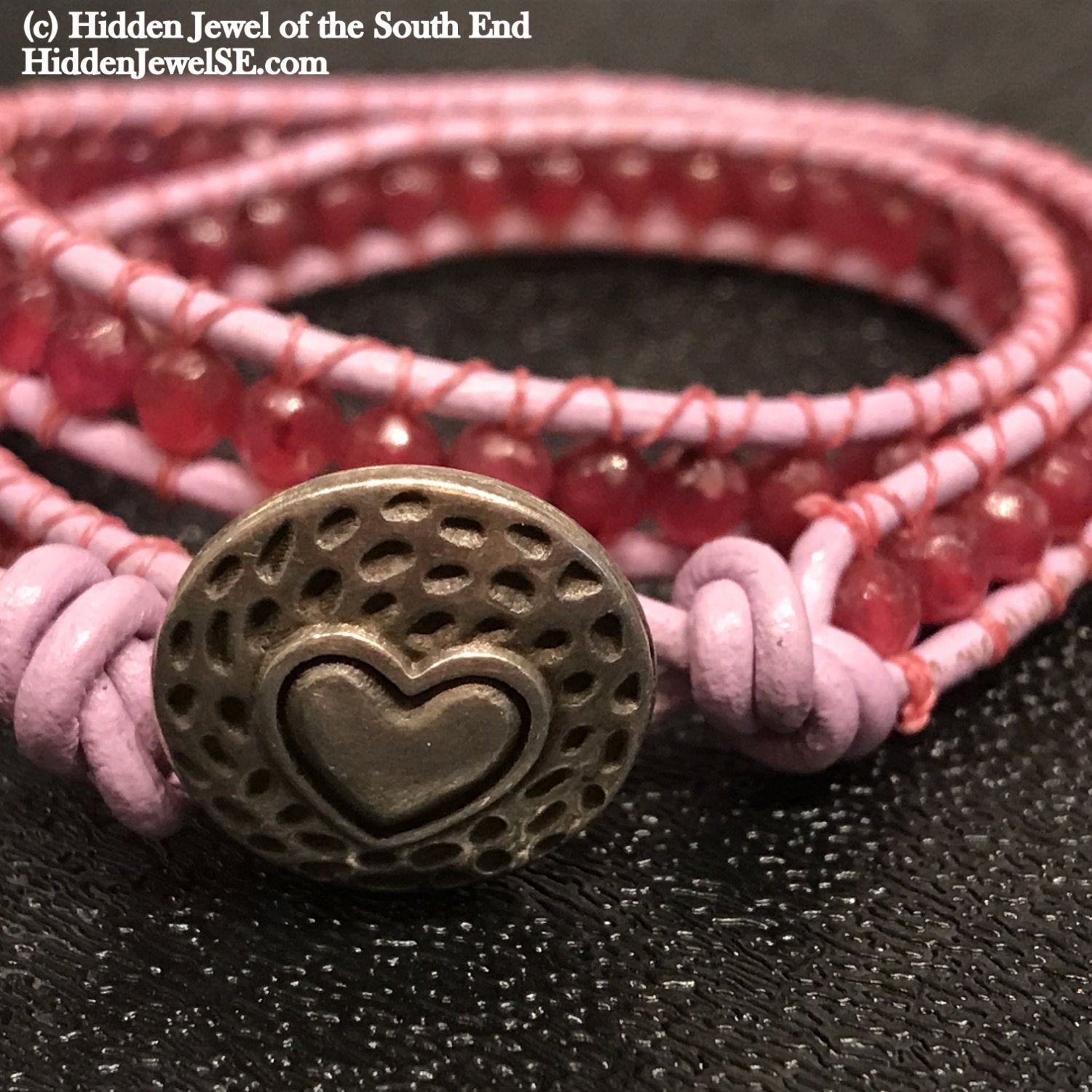 Genuine Pink Quartz (Crystalline Rose Quartz) Leather Wrap bangle
