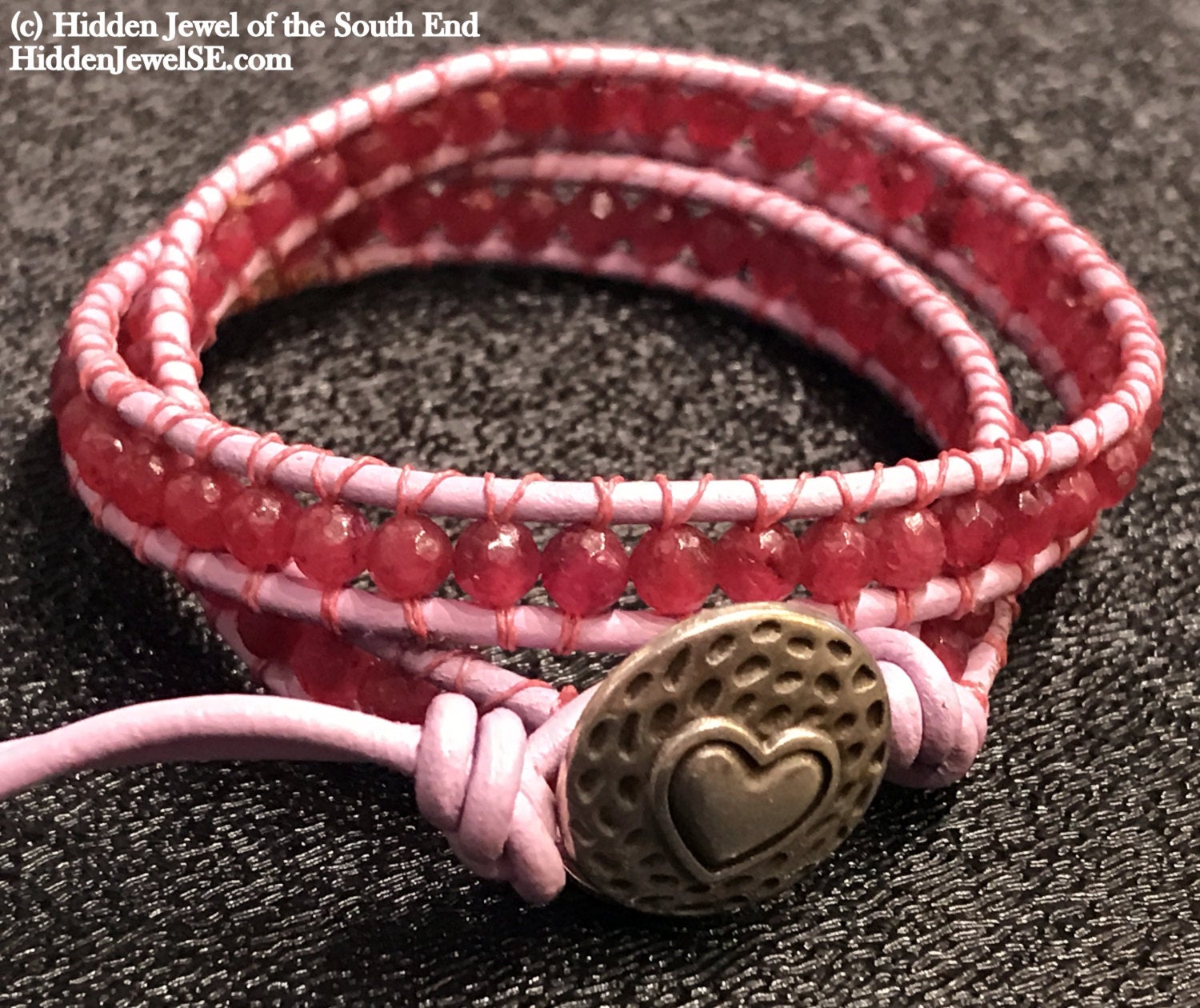 Genuine Pink Quartz (Crystalline Rose Quartz) Leather Wrap bangle