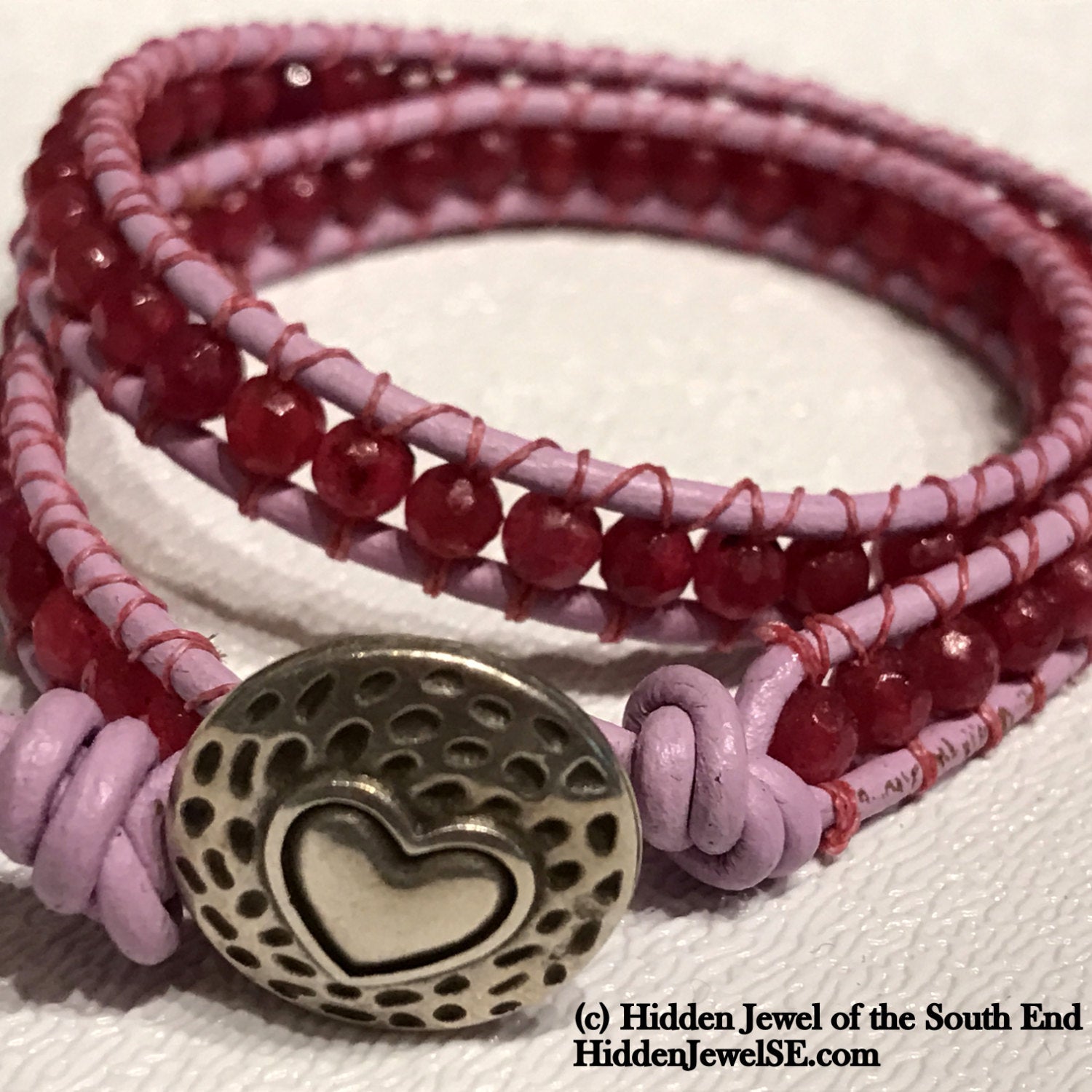 Genuine Pink Quartz (Crystalline Rose Quartz) Leather Wrap bangle