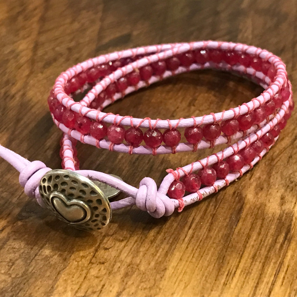Genuine Pink Quartz (Crystalline Rose Quartz) Leather Wrap bangle