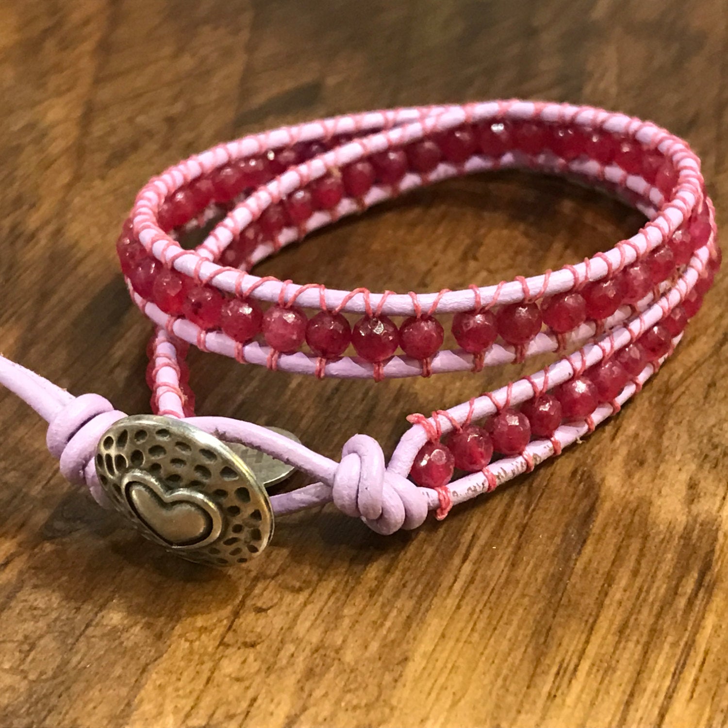 Genuine Pink Quartz (Crystalline Rose Quartz) Leather Wrap bangle