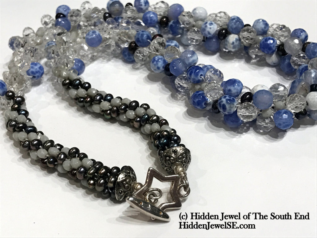 Cracked Agate, Pearl, seed bead, and Rock Crystal Crocheted Necklace