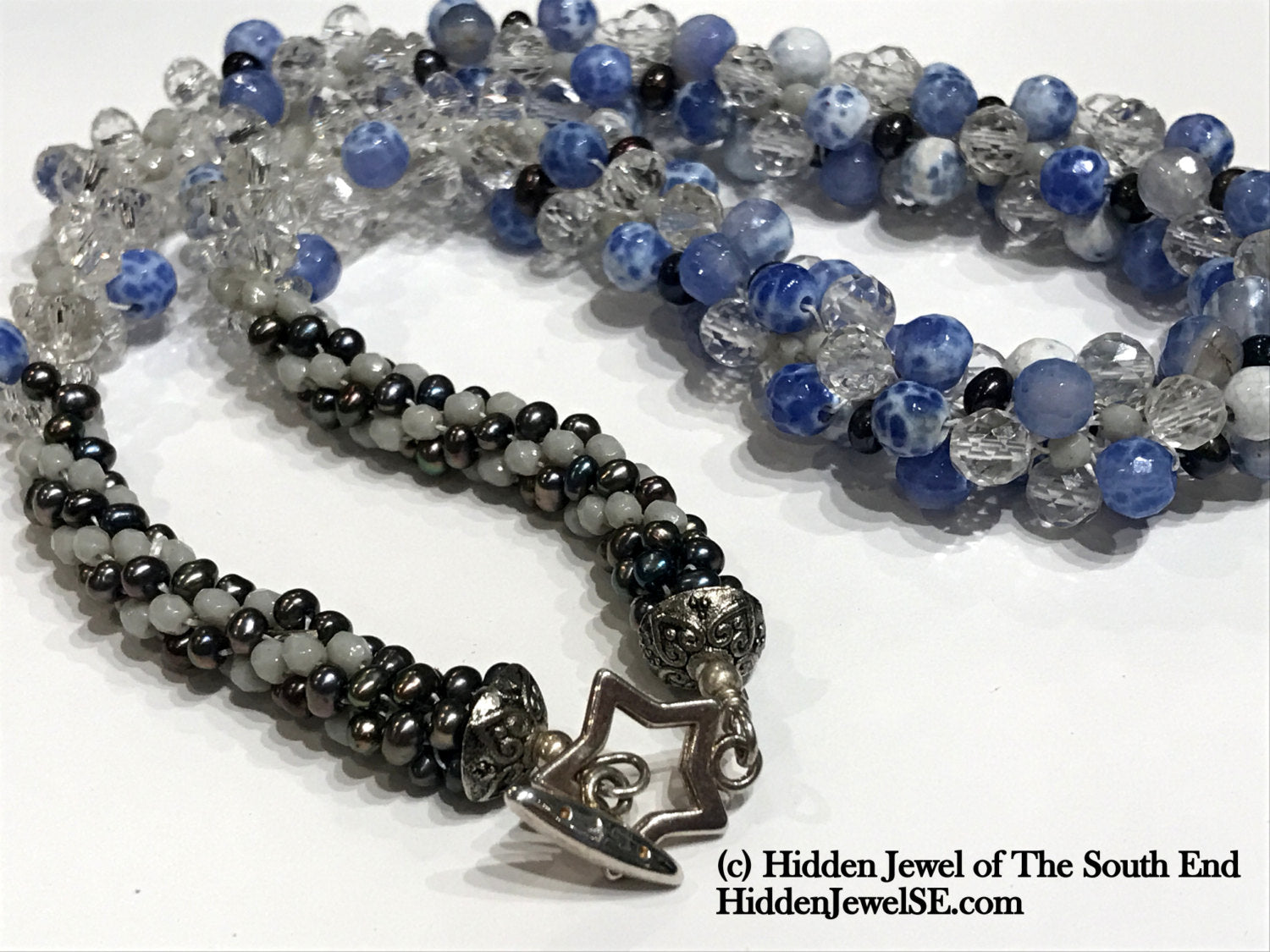 Cracked Agate, Pearl, seed bead, and Rock Crystal Crocheted Necklace