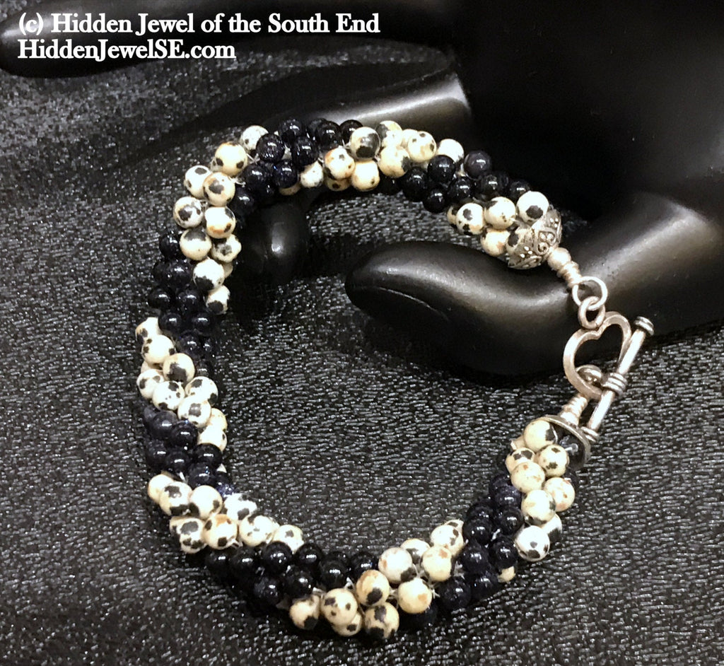 Dalmatian Jasper and blue goldstone crocheted bracelet, jewelry