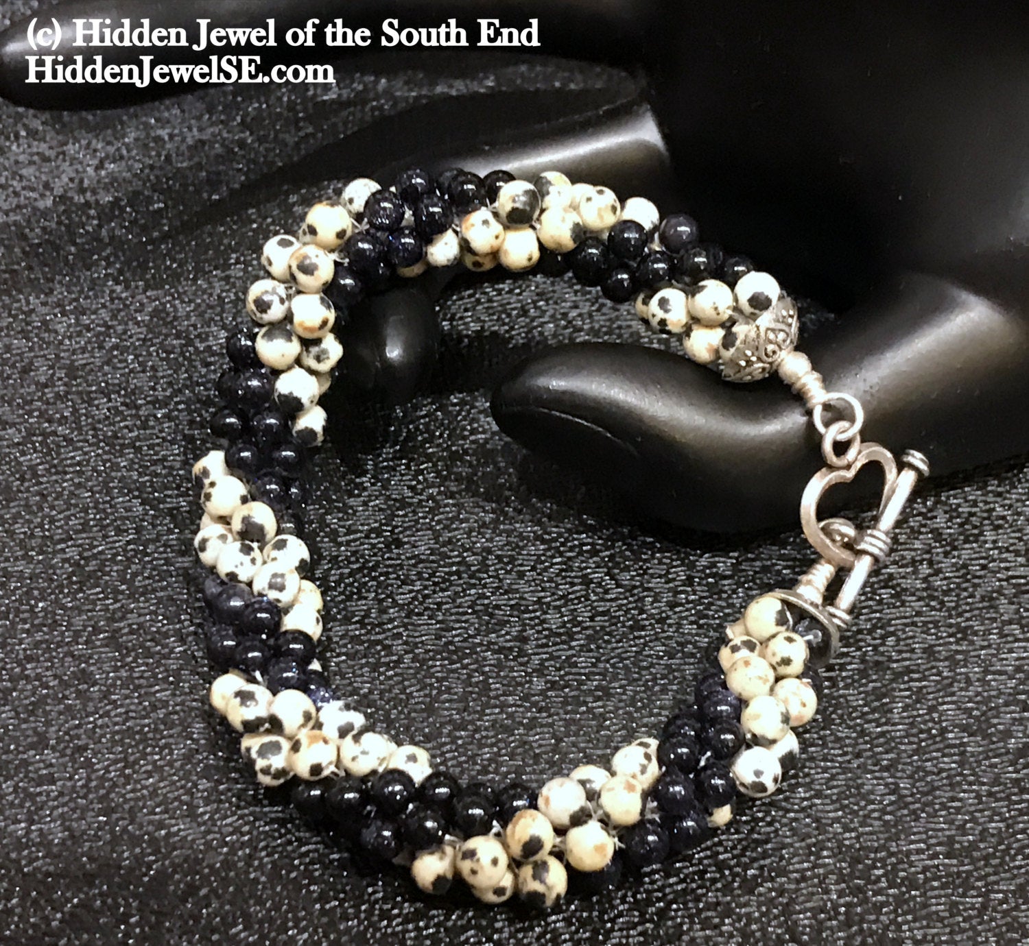 Dalmatian Jasper and blue goldstone crocheted bracelet, jewelry