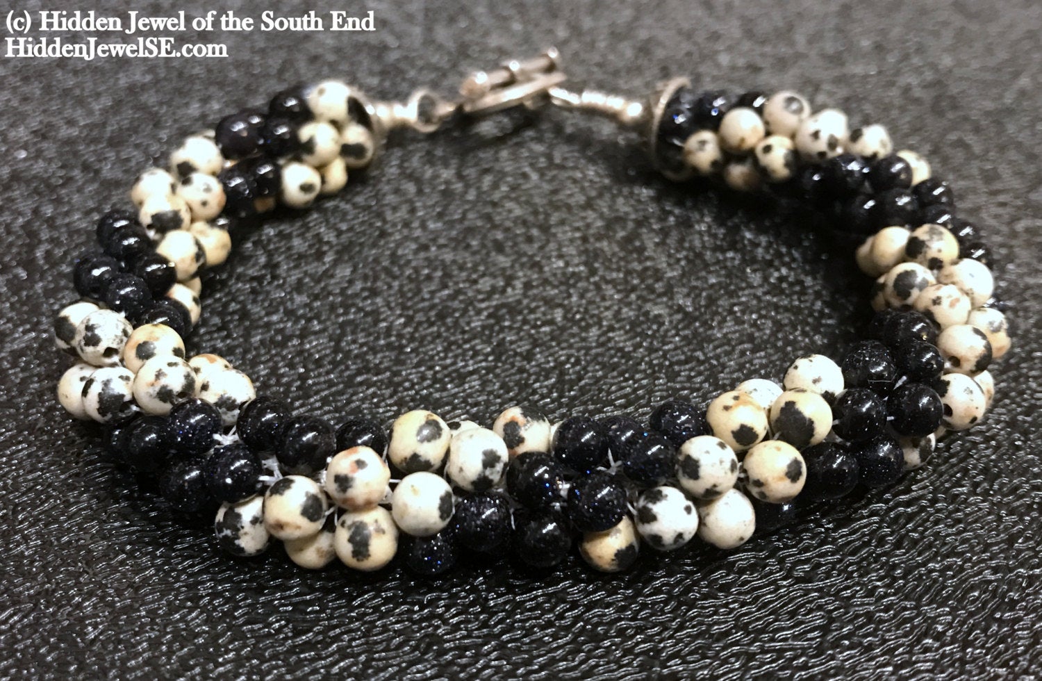 Dalmatian Jasper and blue goldstone crocheted bracelet, jewelry