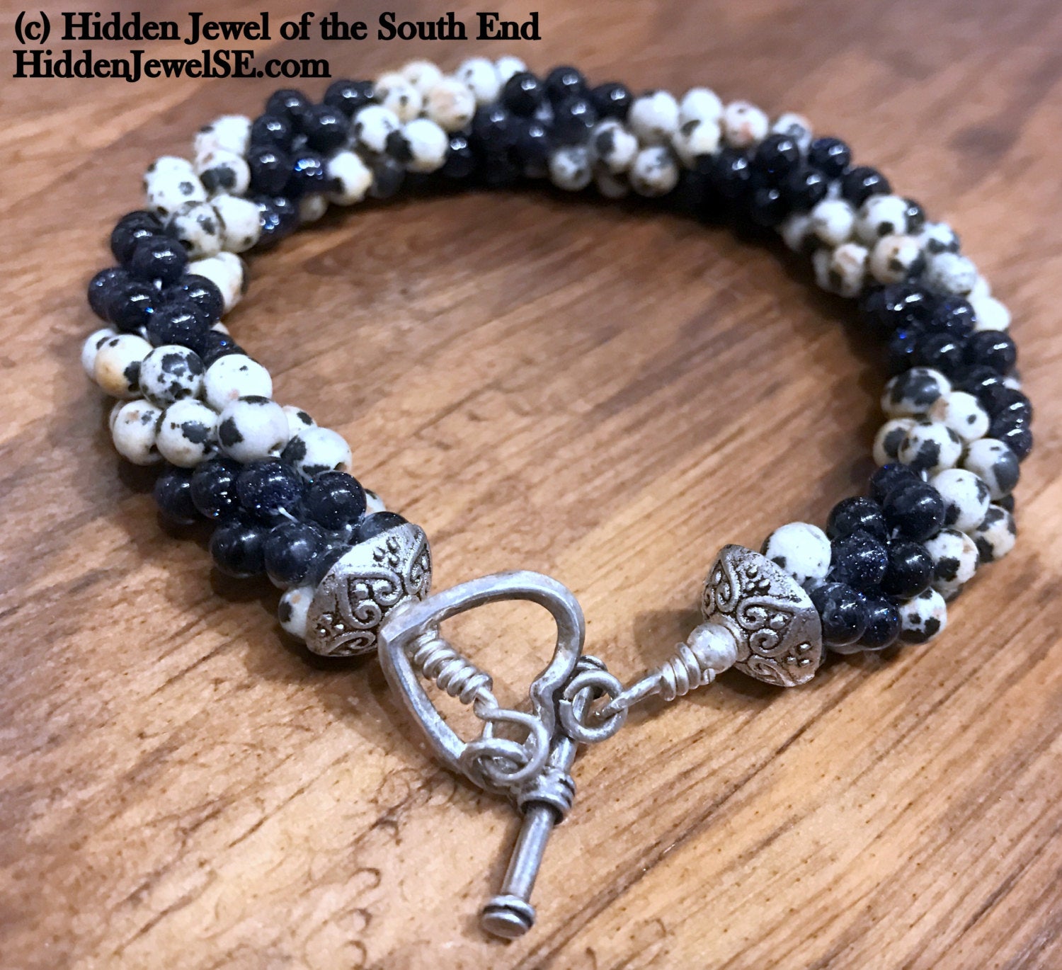 Dalmatian Jasper and blue goldstone crocheted bracelet, jewelry