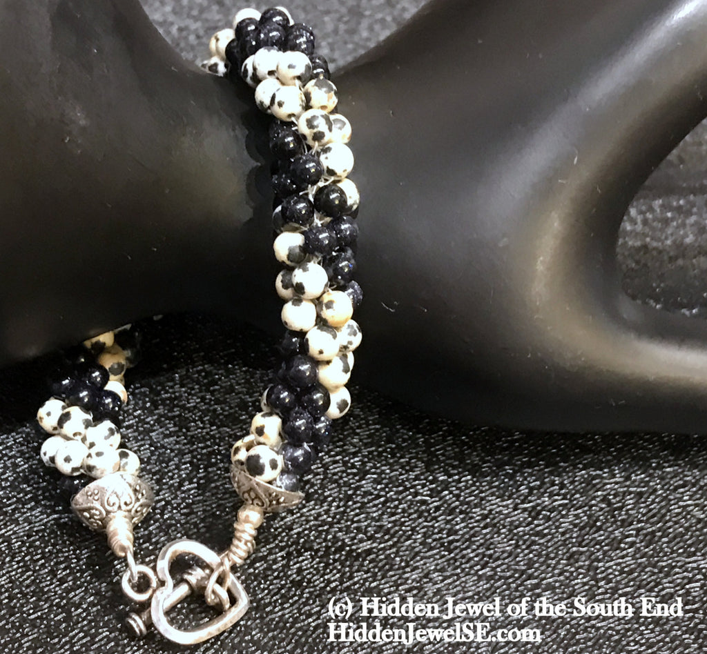 Dalmatian Jasper and blue goldstone crocheted bracelet, jewelry