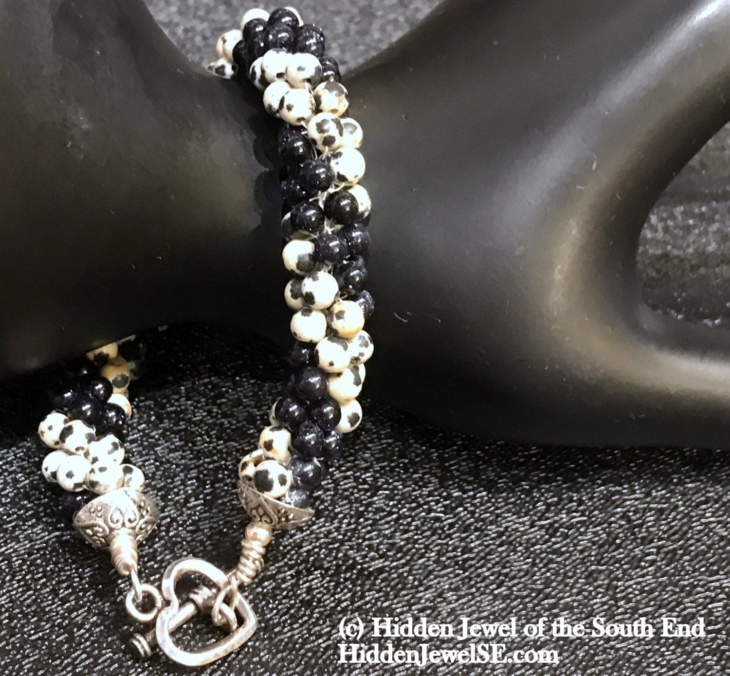 Dalmatian Jasper and blue goldstone crocheted bracelet, jewelry
