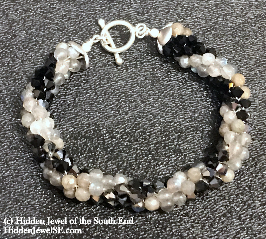 Jet Black Swarovski and Labradorite Crocheted Bracelet, jewelry