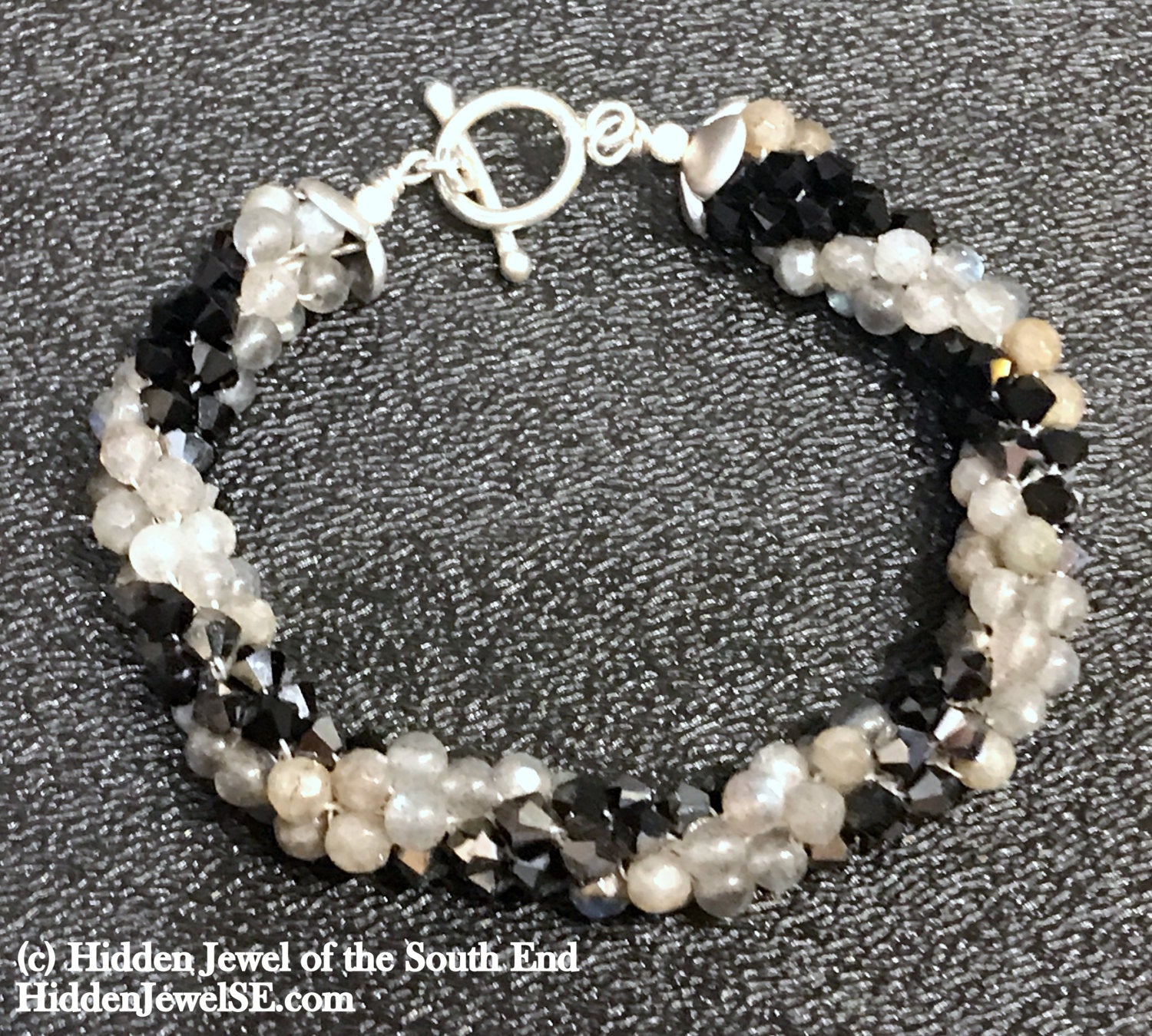 Jet Black Swarovski and Labradorite Crocheted Bracelet, jewelry