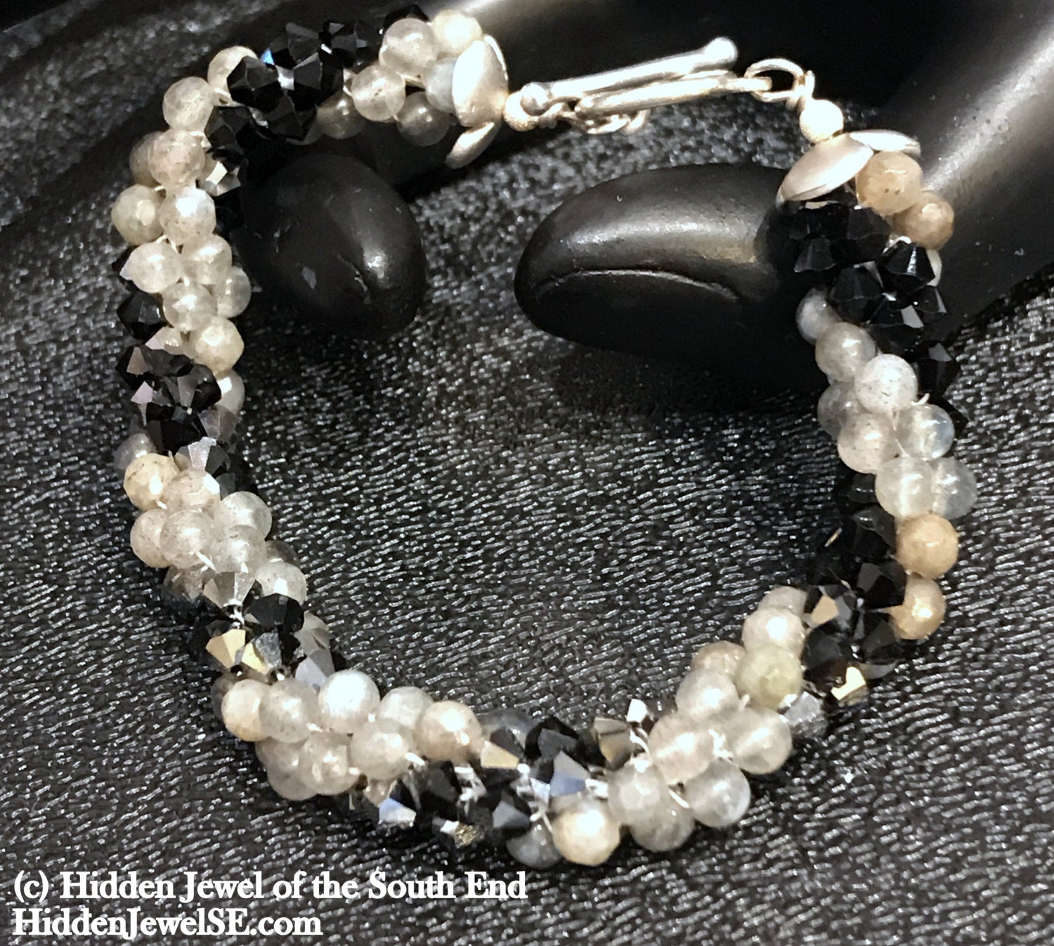 Jet Black Swarovski and Labradorite Crocheted Bracelet, jewelry