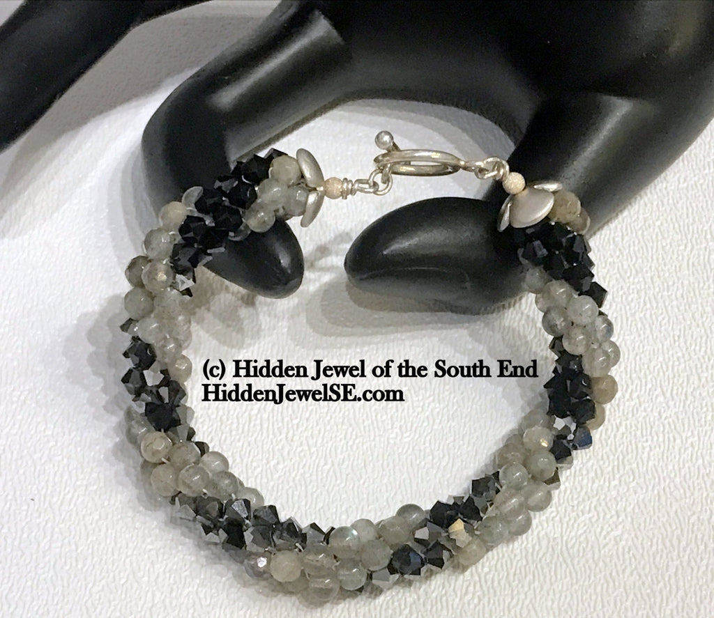 Jet Black Swarovski and Labradorite Crocheted Bracelet, jewelry