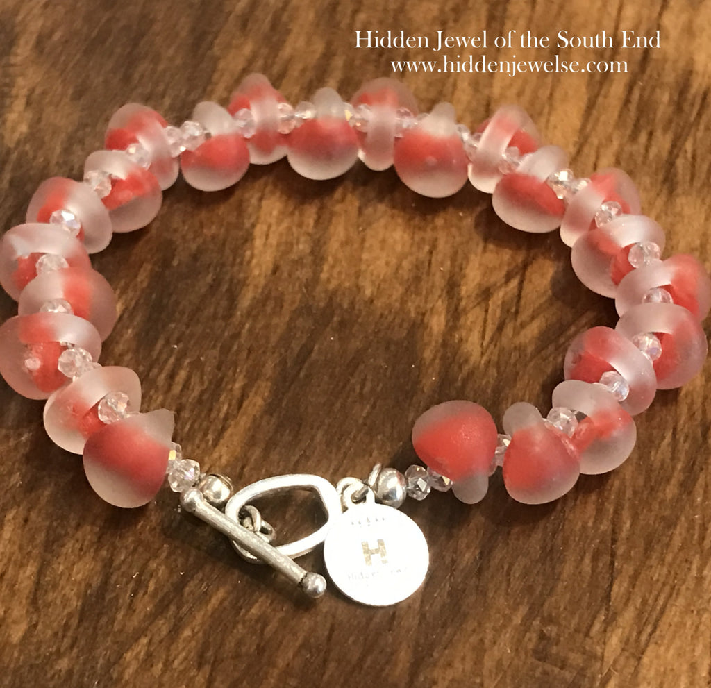 Red Lampwork Glass & Crystal Bracelet, blown glass, size 6.5''