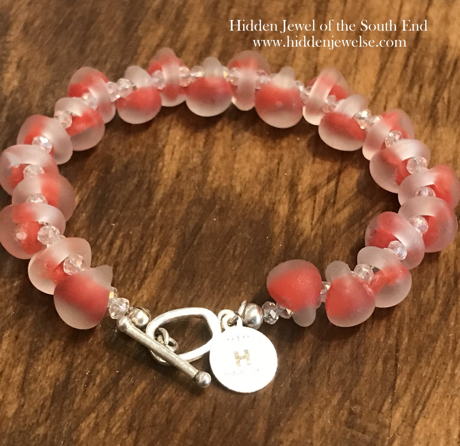 Red Lampwork Glass & Crystal Bracelet, blown glass, size 6.5''