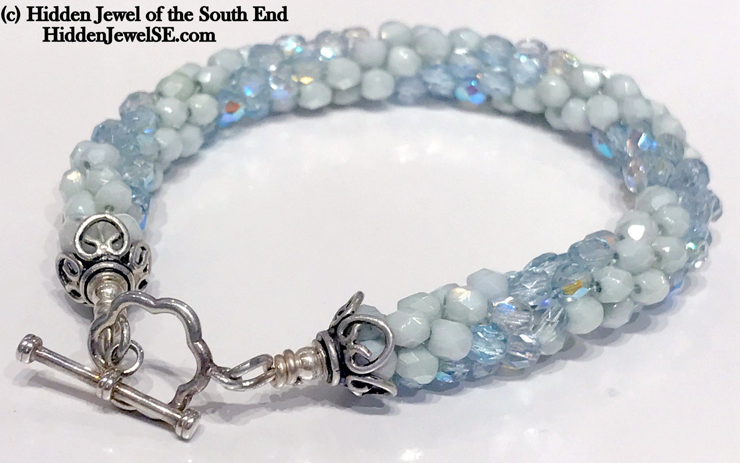 Light Blue Czech crystal crocheted bracelet, jewelry